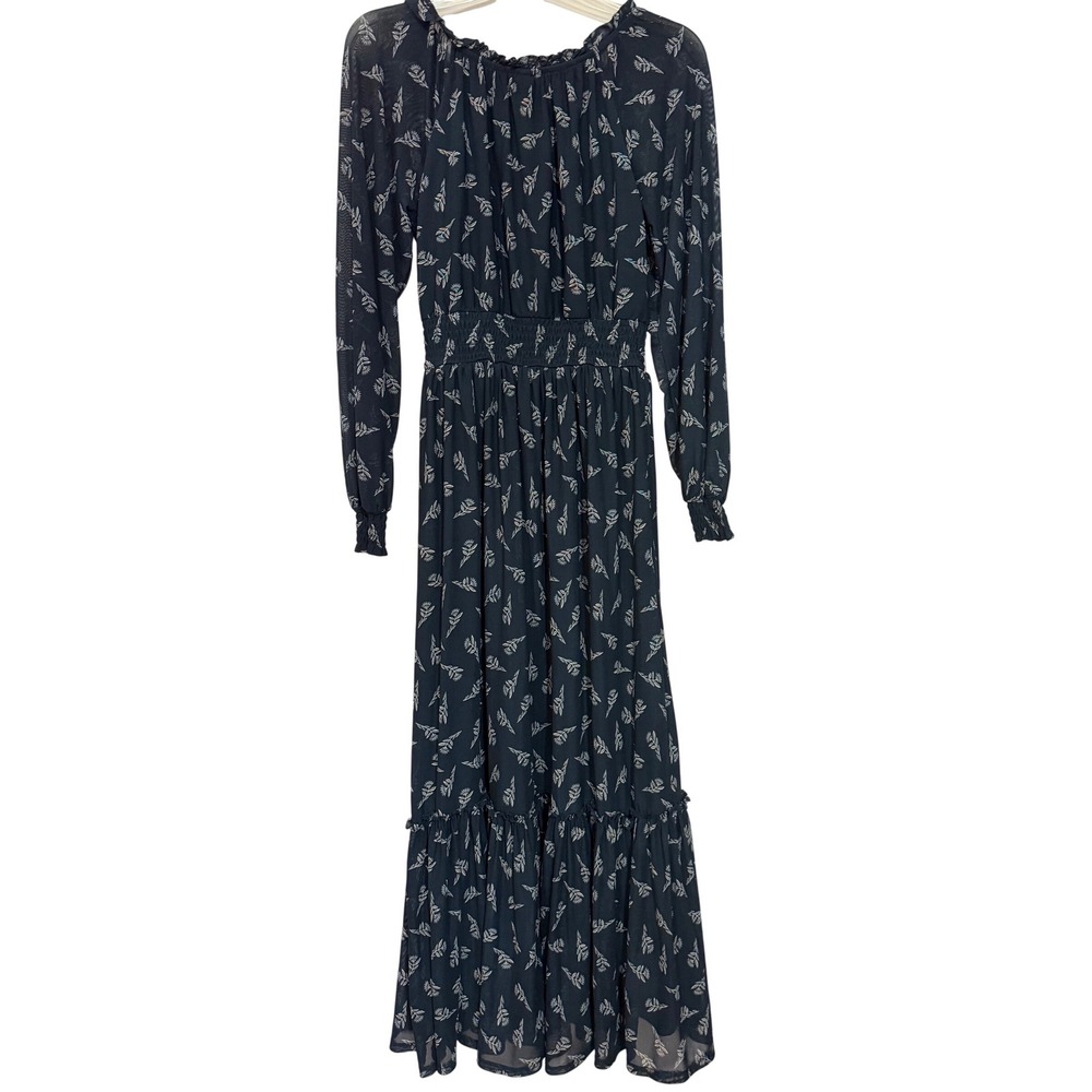 Knox Rose Navy Blue Floral Smocked Waist Maxi Dress Womens XS Long Sleeve Boho - Picture 3 of 9